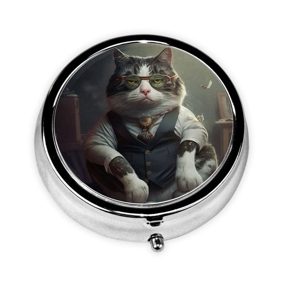 Portable Round Metal Pill Box, 3-Compartment Mini Pocket Pill Case for Travel Daily Use, Rich Cat Cash Money Funny Art