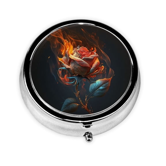 Portable Round Metal Pill Box, 3-Compartment Mini Pocket Pill Case for Travel Daily Use, Rose On Fire Burning Flaming