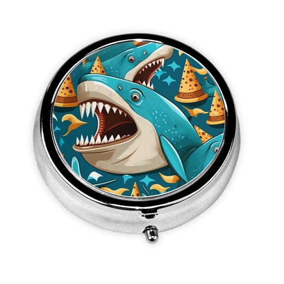 Portable Round Metal Pill Box, 3-Compartment Mini Pocket Pill Case for Travel Daily Use, Shark Pizza Party Funny