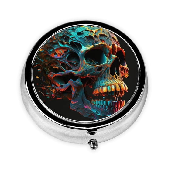 Portable Round Metal Pill Box, 3-Compartment Mini Pocket Pill Case for Travel Daily Use, Skull Head Psychedelic Cool