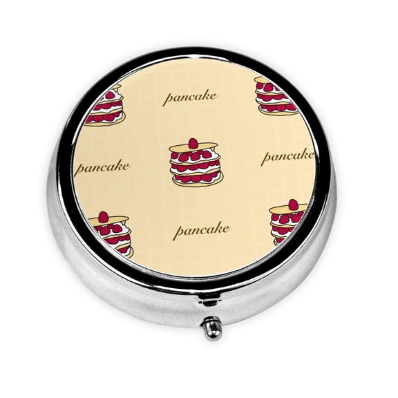 Portable Round Metal Pill Box, 3-Compartment Mini Pocket Pill Case for Travel Daily Use, Strawberry Pancake Cartoon