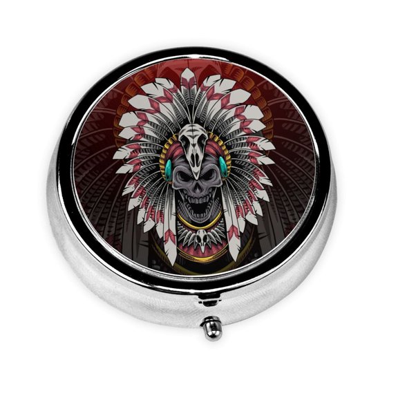 Portable Round Metal Pill Box, 3-Compartment Mini Pocket Pill Case for Travel Daily Use, Tribal Chief Skull Head Feather
