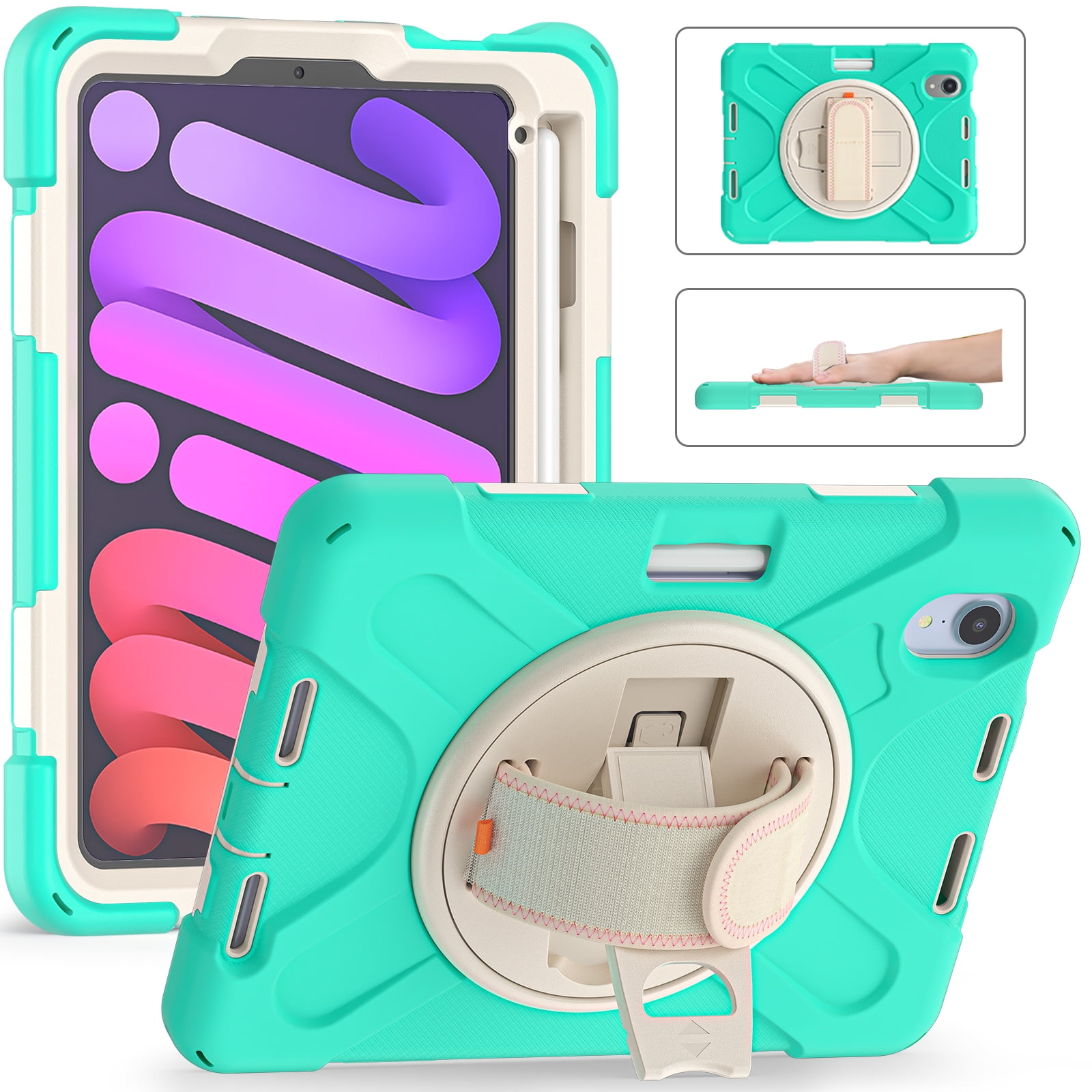 Portable Rugged Case for 2021 Apple iPad Mini 8.3-Inch (6th Generation 2021 Release) - Rotating Stand Case with Hand Strap, Built-in Pencil Holder, Shockproof Hard Cover (Mint Green)