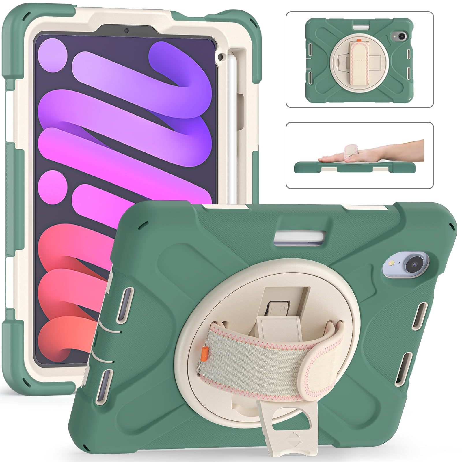 Portable Rugged Case for 2021 Apple iPad Mini 8.3-Inch (6th Generation 2021 Release) - Rotating Stand Case with Hand Strap, Built-in Pencil Holder, Shockproof Hard Cover (Dark Green)