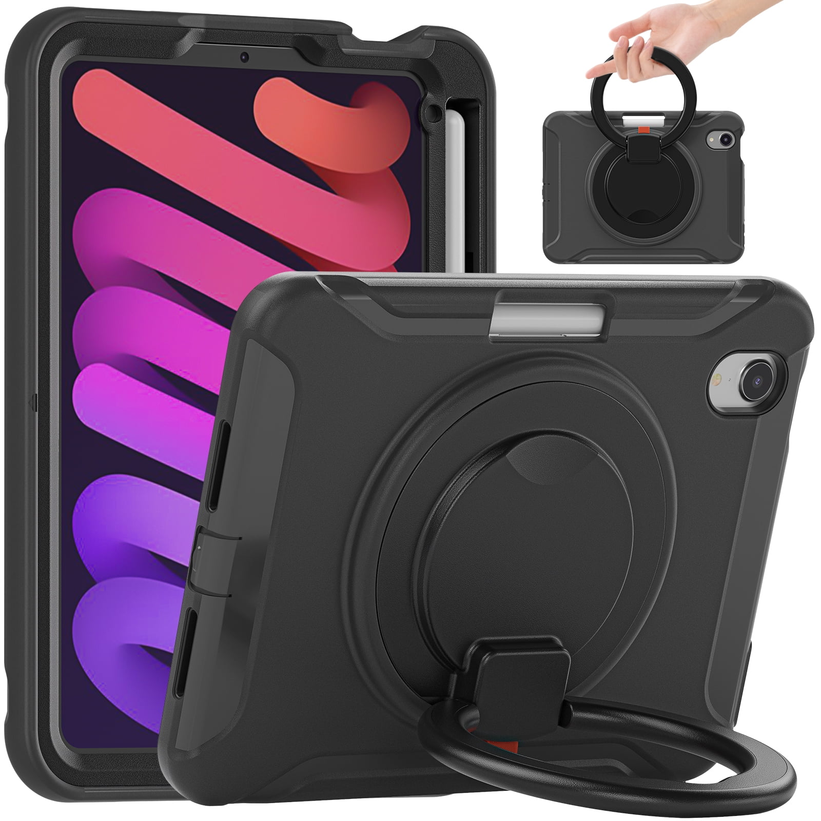 Portable Rugged Case for 2021 Apple iPad Mini 8.3-Inch (6th Generation 2021 Release) - Rotating Stand Handle Case, Built-in Pencil Holder, Lightweight Shockproof Hard Silicone/Plastic Cover (Black)