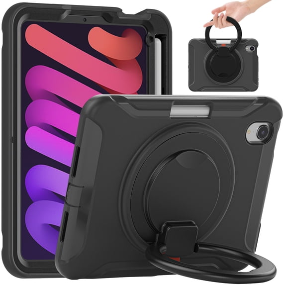 Portable Rugged Case for 2021 Apple iPad Mini 8.3-Inch (6th Generation 2021 Release) - Rotating Stand Handle Case, Built-in Pencil Holder, Lightweight Shockproof Hard Silicone/Plastic Cover (Black)
