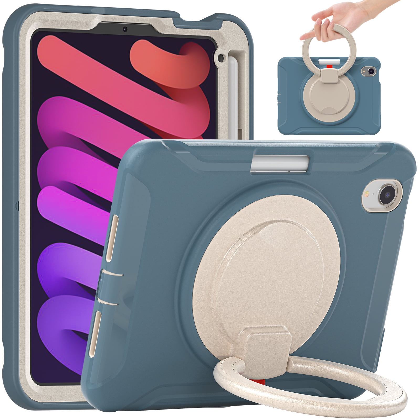 Portable Rugged Case for 2021 Apple iPad Mini 8.3-Inch (6th Generation 2021 Release) - Rotating Stand Handle Case, Built-in Pencil Holder, Lightweight Shockproof Hard Silicone/Plastic Cover (Blue)