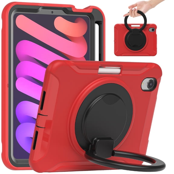 Portable Rugged Case for 2021 Apple iPad Mini 8.3-Inch (6th Generation 2021 Release) - Rotating Stand Handle Case, Built-in Pencil Holder, Lightweight Shockproof Hard Silicone/Plastic Cover (Red)