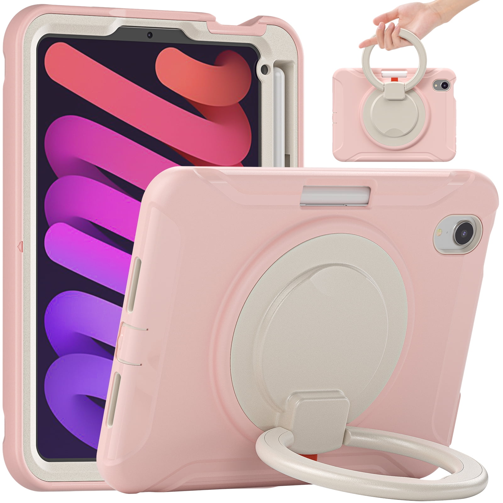 Portable Rugged Case for 2021 Apple iPad Mini 8.3-Inch (6th Generation 2021 Release) - Rotating Stand Handle Case, Built-in Pencil Holder, Lightweight Shockproof Hard Silicone/Plastic Cover (Pink)