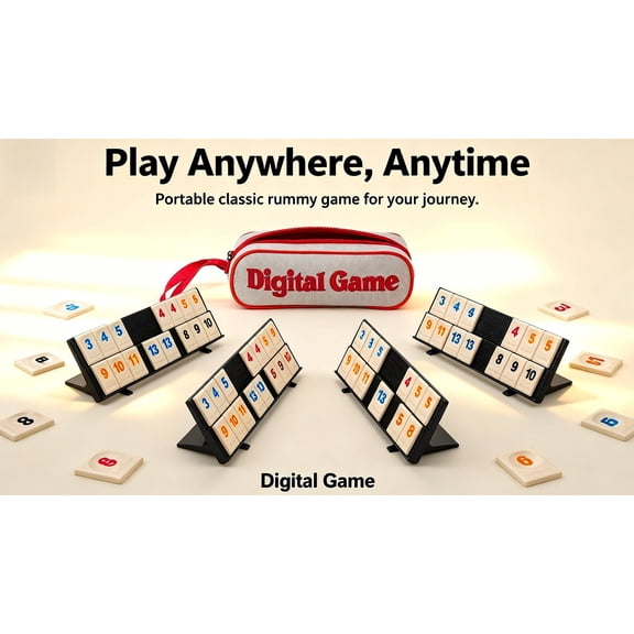 Portable Rummy Tile Game with Compact Travel Bag, Lightweight Digital Board Game Set for Camping and Road Trips, 2-4 Players
