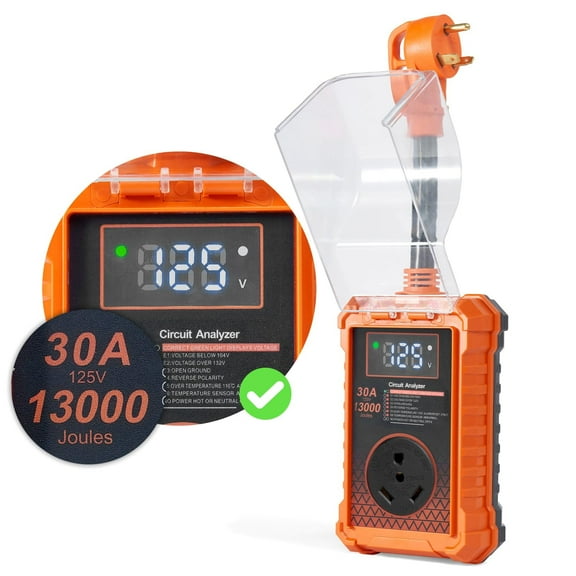 Portable Rv Surge Protector, 30 Amp Rv Circuit Analyzer, 13000 Joules Surge Guard Protection with Waterproof Cover, and LED Display, RV Adapter Plug for Camper, Travel Trailers, Orange
