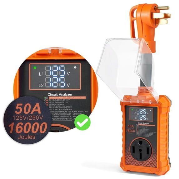 Portable Rv Surge Protector, 50 Amp Rv Circuit Analyzer, 16000 Joules Surge Guard Protection with Waterproof Cover, and LED Display, RV Adapter Plug for Camper, Travel Trailers, Orange