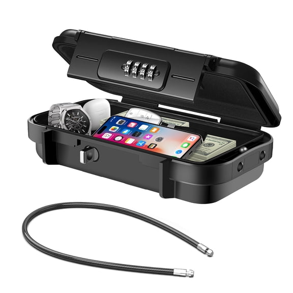 Portable Safe Box with Code, [Waterproof Anti-Theft ]Travel Safe, Combination Security Case Lock Box with Removable Wire Rope, for Home, Cars, Office, Vacation (Black)