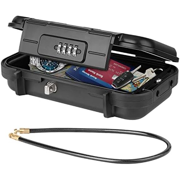 Portable Safe Box, Waterproof Anti-Theft Beach Travel Safe Box Combination Security Lockbox with Removable Wire Rope Portable Lock Box for Dorm, Hotel, Home, Office, Car