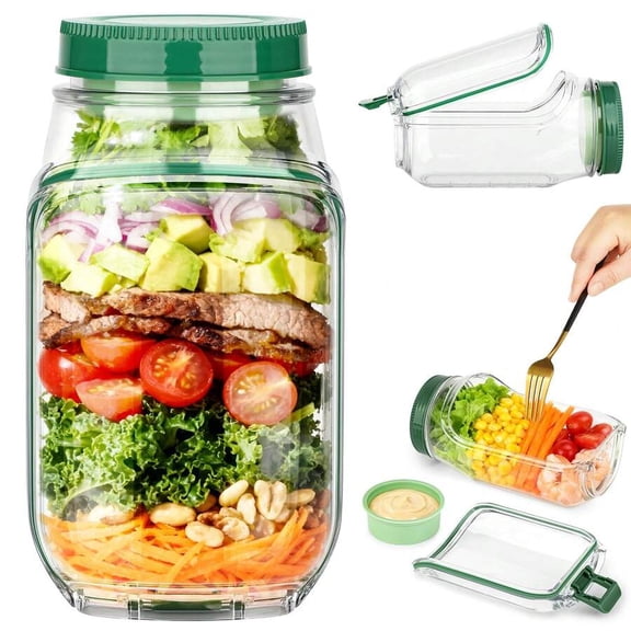 Portable Salad Shaker Cup with Fork and Dressing Holder, 34oz Leakproof Salad Lunch Container for On-the-Go Meals, Plastic Storage Jar for Fruit, Yogurt, and Veggie Meal Prep