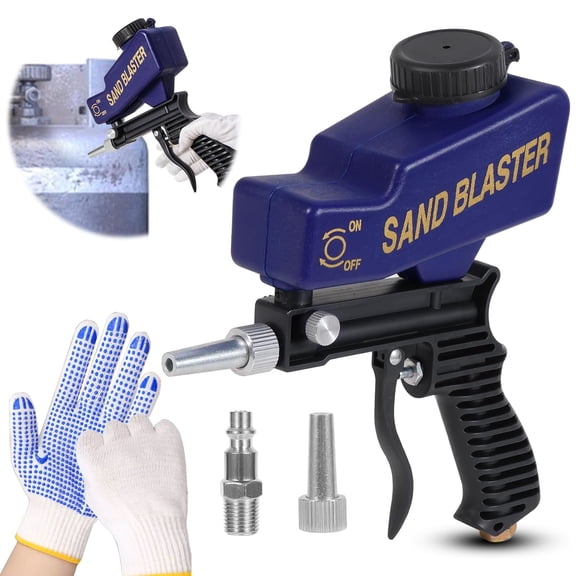 Portable Sand Blaster Gun with Gloves, Pneumatic Tool for Rust Removal Glass etching, paint stripping, surface prep, deburring, steel nozzle, gravity feed, 90 PSI(Blue)