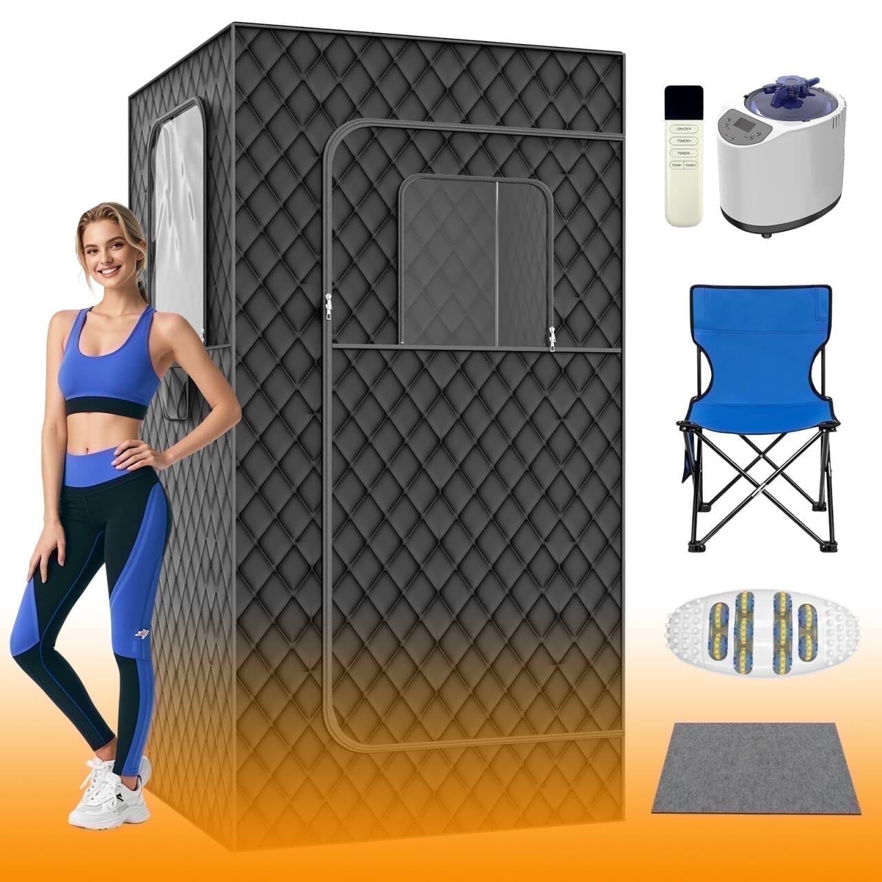 Portable Sauna Box for Home, 35.43in x 35.43in x 70.86in SPA Steam Sauna with 15 Levels Heat, Warm Sauna Tent with 3L/1200W Steamer, Folding Chair, Remote Control, Foot Massager for Body Relaxation