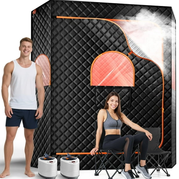 2 Person Extra Large Sauna Tent, Caveen Portable Steam Sauna Box with 2 Steamers, 2 Folding Chair, Timer Remote Control, 74"H x 69"W x 32.5"D