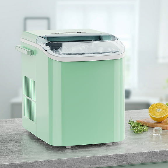 Portable Self Cleaning Countertop Ice Maker Machine, 6 Mins/9 Pcs, 26.5lbs/24Hrs, 2 Sizes of Bullet Ice, Ideal for Kitchen, Office, and Parties, Stainless Steel Green Ice Maker with Scoop and Basket