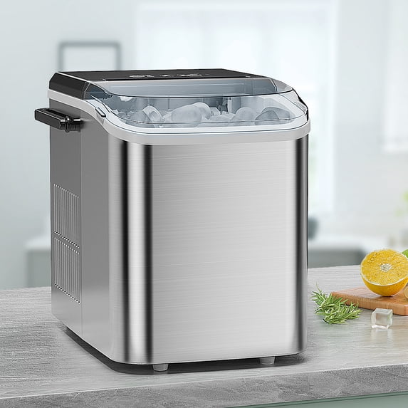 Portable Self Cleaning Countertop Ice Maker Machine, 6 Mins/9 Pcs, 26.5lbs/24Hrs, 2 Sizes of Bullet Ice, Ideal for Kitchen, Office, and Parties, Stainless Steel Silver Ice Maker with Scoop and Basket