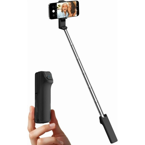 Portable Selfie Stick, Lightweight Extendable Stainless Steel Tube,All-in-One Compact Selfie Stick with Wireless Remote Compatible with 4-7" iPhone/Android Phones for Vlog/Travel/Filming, Black