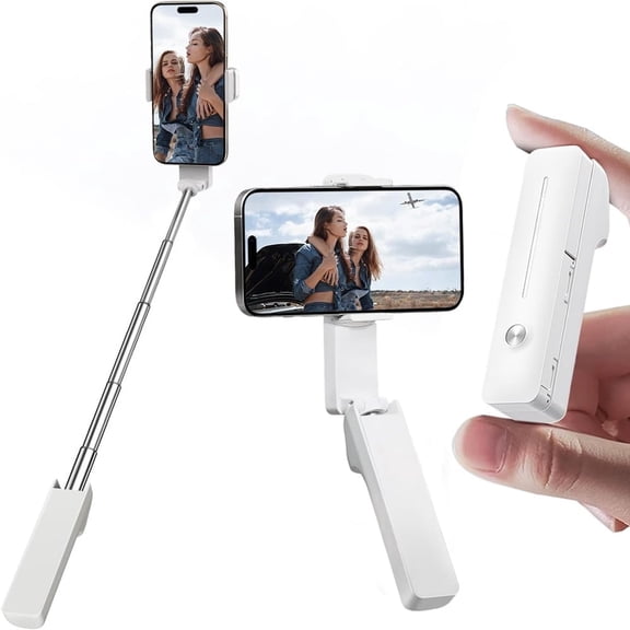 Portable Selfie Stick, Lightweight Extendable Stainless Steel Tube, All-in-One Compact Selfie Stick with Wireless Remote Compatible with 4-7" iPhone/Android Phones for Vlog/Travel/Filming, White