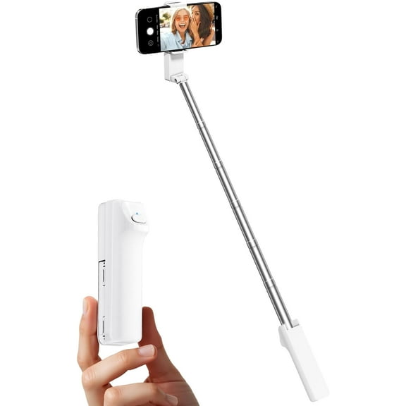 Portable Selfie Stick, Lightweight Extendable Stainless Steel Tube,All-in-One Compact Selfie Stick with Wireless Remote Compatible with 4-7" iPhone/Android Phones for Vlog/Travel/Filming, W