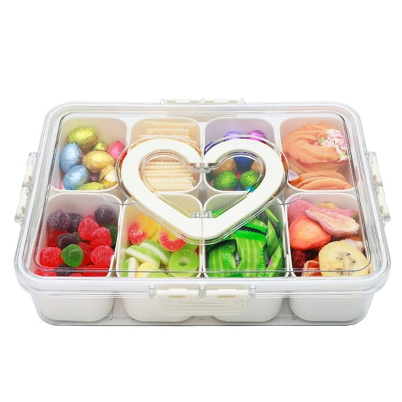 Portable Serving Tray with 8 Compartments, Snack Storage Box for Fruits Candy Nuts Appetizers, Leak-Proof Lid and Handle for Party Picnic, White