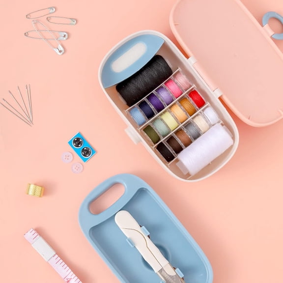 Portable Sewing Kit for Adults, 15.5x6cm Plastic Box with Needle and Thread Accessories, Compact Travel Sewing Supplies Set for Emergency Repairs, Home Essentials, Pink Color