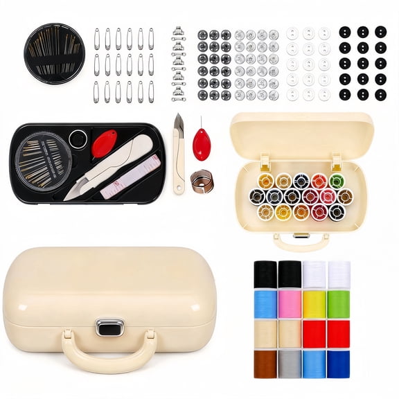 Portable Sewing Kit with 155Pcs Travel and Family DIY Sewing Supplies Organizer with Threads Needles Scissors Creamy White