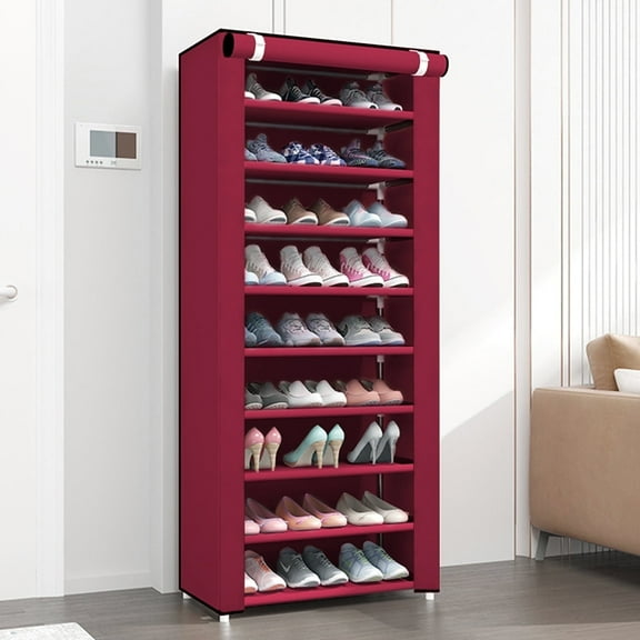 BAOKALER 10-Tier Closet Shoe Storage Shelf with Cover, Non-Woven Fabric Shoe Rack Organizer for 27 Pairs, Wine Red