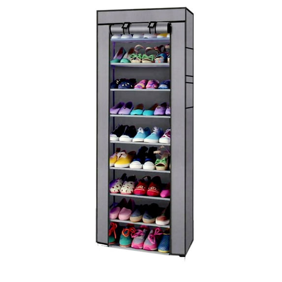 "Portable Shoe Rack 9 Shelf Storage Closet Home Organizer Cabinet with Cover,Gray "