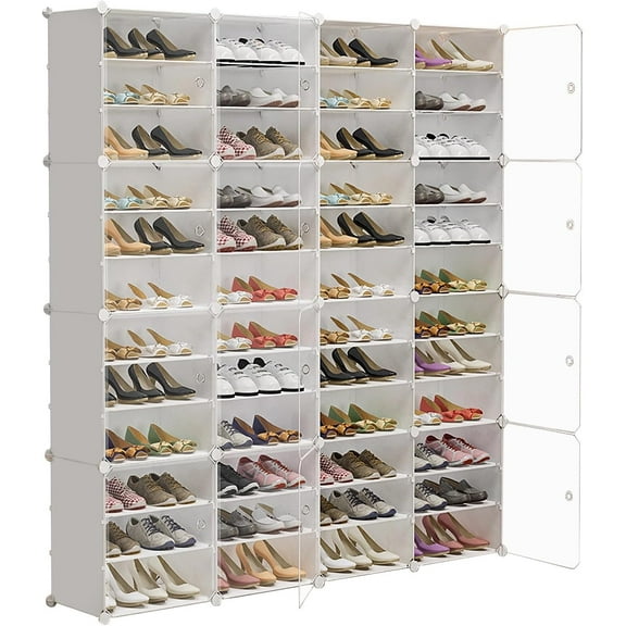 Portable Shoe Rack Enclosed Shoe Organizer, 96 Pairs DIY Shoe Cabinet, White Plastic Closet Shoe Organizer with Transparent Door, Free Standing Shoe Rack Expandable for High Heels, Boots