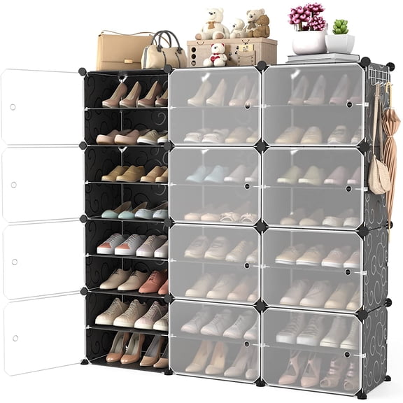 Portable Shoe Rack Organizer with Door, 48 Pairs Shoe Storage Cabinet Easy Assembly, Plastic Adjustable Shoe Organizer Stackable Detachable Free Standing Shoe Rack DIY Expandable 8 Tier