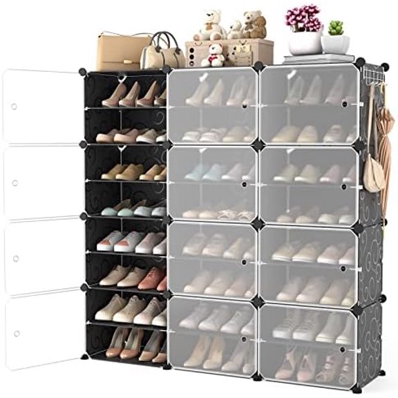 Portable Shoe Rack Organizer with Door, 48 Pairs Shoe Storage Cabinet Easy Assembly, Plastic Adjustable Shoe Organizer Stackable Detachable Free Standing Shoe Rack DIY Expandable 8 Tier Black