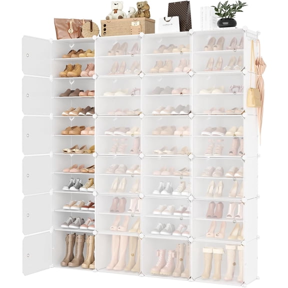 Portable Shoe Rack Organizer with Door, 96 Pairs Shoe Storage Cabinet Easy Assembly, Plastic Adjustable Shoe Storage Organizer Stackable Detachable Free Standing DIY Expandable 12 Tier White