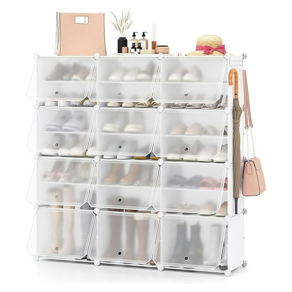 Portable Shoe Rack Organizer, Pairs Expandable Modular Shoe Storage Cabinet with Doors, Adjustable Panels, 8-Tier DIY Shoe Shelves for Closet, Hallway, Entryway, Easy Assembly, White