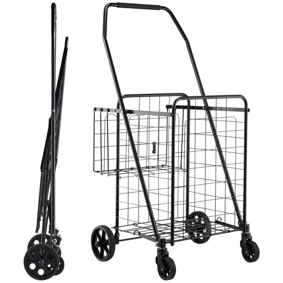 Portable Shopping Cart Folding Grocery Utility Cart Dual Baskets Liner 100 LBS