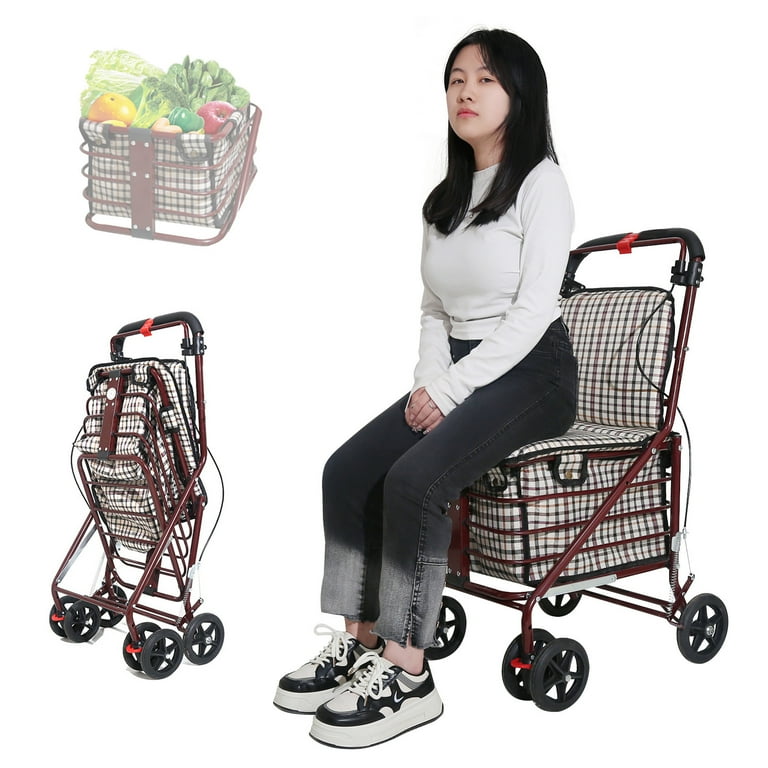 Portable Shopping Cart with Comfort Seat Sturdy Construction Foldable Design 360 Rotating Wheels for Supermarket and Grocery Shopping