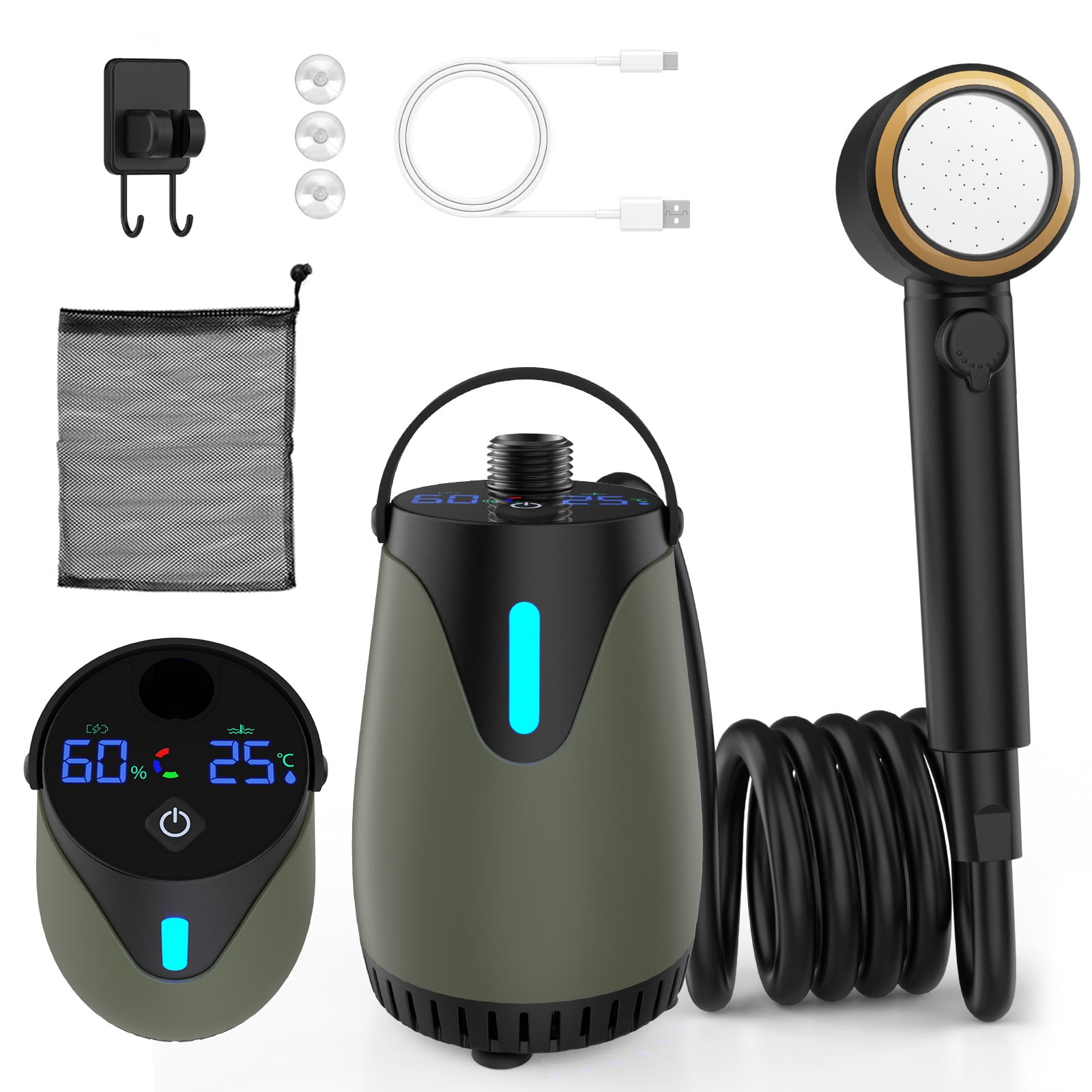 Portable Shower - 8000mAh Rechargeable Camping Shower Pump with Intelligent LED Display & Filtered Shower Head, IPX7 Waterproof Outdoor Camp Shower Pump for Hiking, RV, Travel, Car, Pet