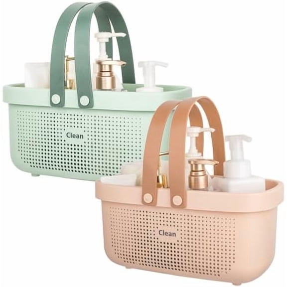 Portable Shower Caddy Basket Cleaning Supplies Organizer with Handles Tote Storage Bin for Bathroom Kitchen Bedroom College Dorm, Under Sink, Garden, Green & Pink