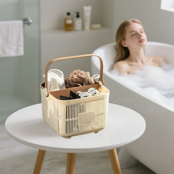 Portable Shower Caddy Basket with Compartments, Plastic Divided Cleaning Caddy Organizer Storage Tote with Handle for Bathroom, College, Dorm Room Essentials, Beige