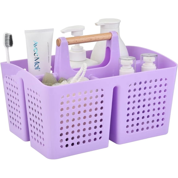Portable Shower Caddy Basket with Wood Handle, 3-Compartment Bathroom Organizer Tote with Drain Holes, Plastic Shower Basket for Dorm, Toiletries, Cleaning Supplies, Purple