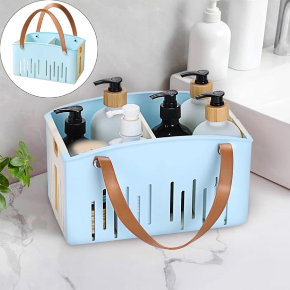 Portable Shower Caddy Collapsible Plastic Shower Basket Tote with Handles Removable Divider, Cleaning Caddy Storage Organizer for Bathroom College Dorm(Blue)