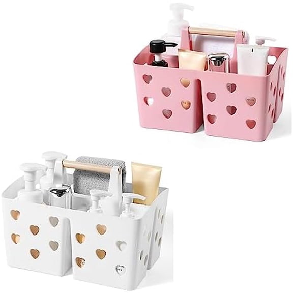 Portable Shower Caddy Plastic Basket with Wood Handle Divided Shower Tote Storage Organizer with Compartments for Bathroom, College Dorm, Kitchen, Bedroom - White and Pink