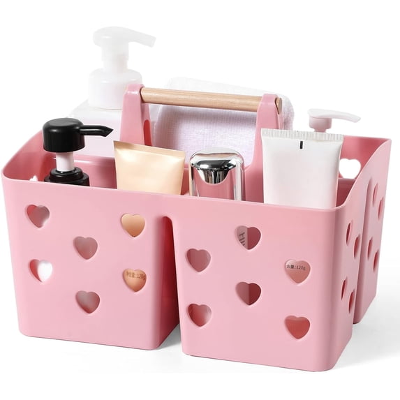 Portable Shower Caddy Plastic Shower Basket Organizer Divided Bathroom Caddy Storage Cleanning Caddy Tote with Handle for College, Dorm Room, Kitchen, Pink