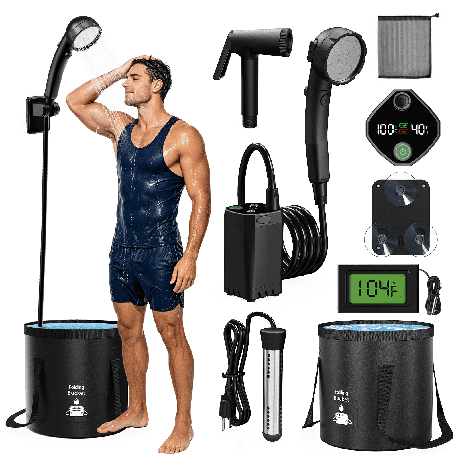 Portable Shower Kit with Heater 6000mAh LED Display Rechargeable Camp Shower Pump with 1500W Heater 5.3 Gallon Foldable Bucket for Hiking, RV, Traveling, Car Washing, Pet Bath