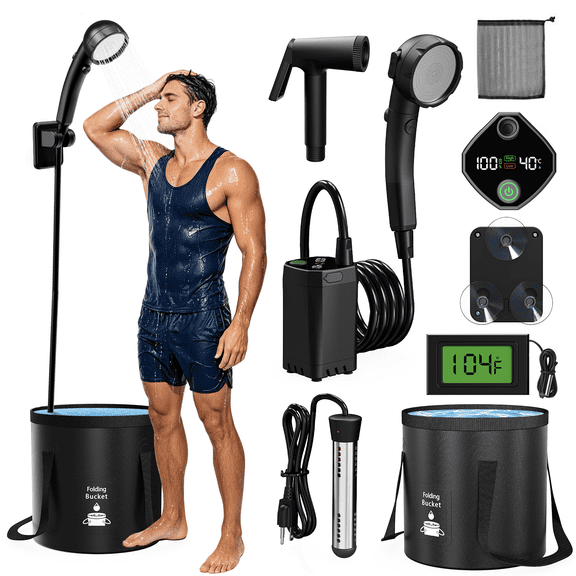 Portable Shower Kit with Heater 6000mAh LED Display Rechargeable Camp Shower Pump with 1500W Heater 5.3 Gallon Foldable Bucket for Hiking, RV, Traveling, Car Washing, Pet Bath