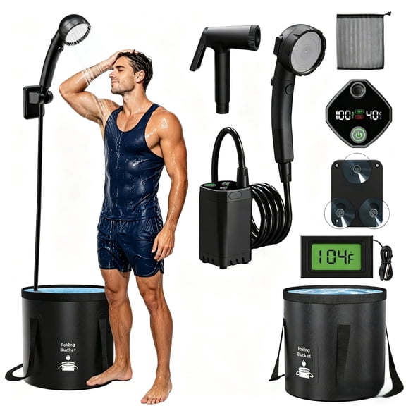MQJIAZHI Portable Shower for Camping 6000mAh LED Display Rechargeable Camp Shower Pump with 5 Gallon Foldable Bucket for Hiking, RV, Traveling, Car Washing,Pet Bath