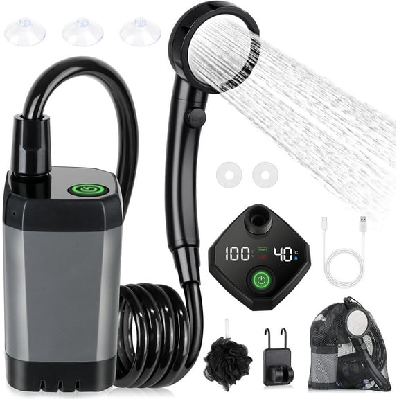 Portable Shower for Camping,  6000mAh Rechargeable Camping Shower with Intelligent LED Display, 4 Spray Modes, IPX7 Waterproof Outdoor Shower Kit for Hiking, Travel, Car, Pet